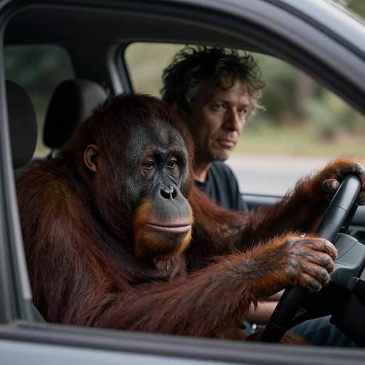 Man and Orangutan in Dim Car