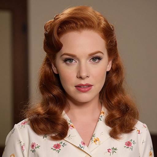 Photograph of a fair-skinned woman with vintage-style red curled hair, wearing a white floral blouse, with subtle makeup and pink lipstick.