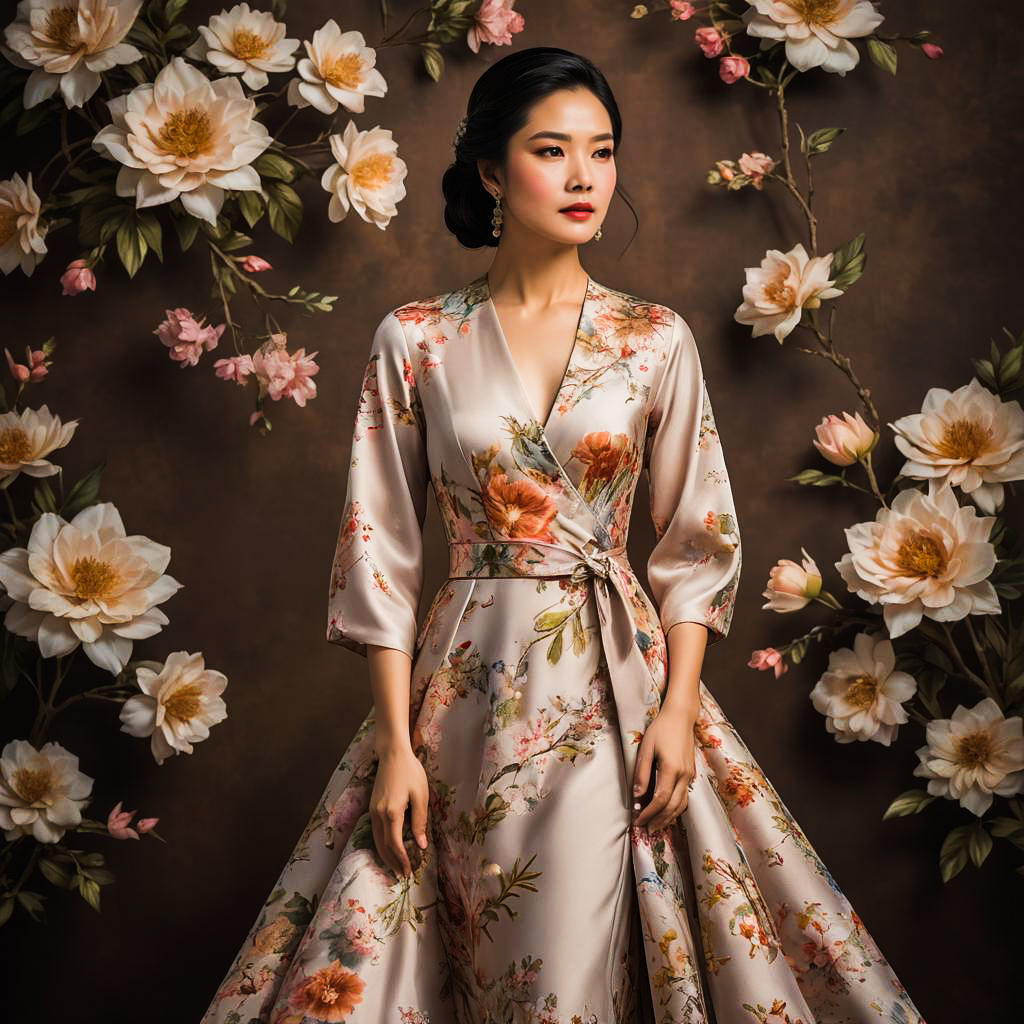 Elegant East Asian Woman in Floral Gown