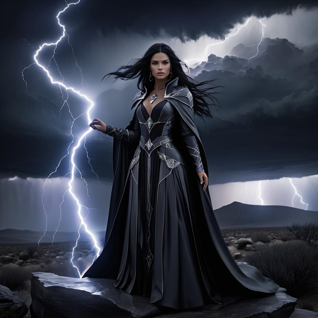 Elegant Sorceress Under a Stormy Sky