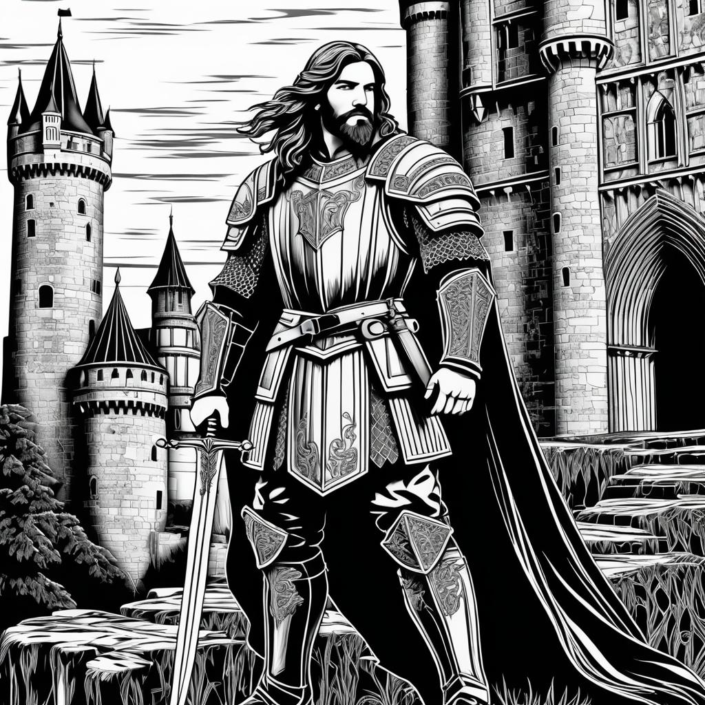 Noble Knight Woodcut Against Castle Ruin