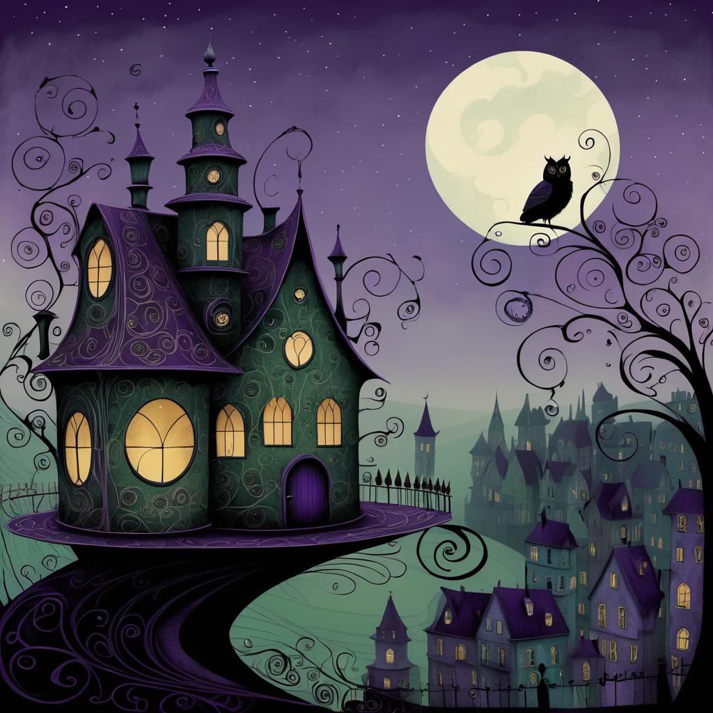 Melancholic Owl in Whimsical Village Scene