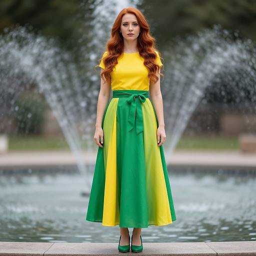 Photograph of a red-haired woman with long curls, wearing a yellow top and green-yellow striped skirt, standing by a fountain.