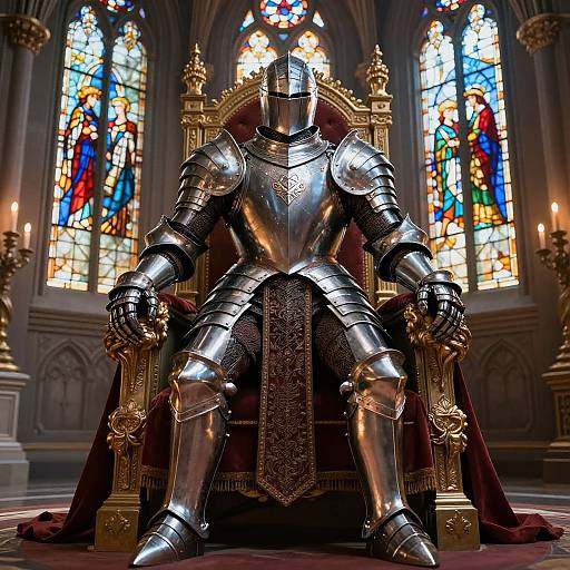 Photograph of a medieval armored knight with a helmet, seated on an ornate golden throne in a gothic cathedral, surrounded by colorful stained glass windows