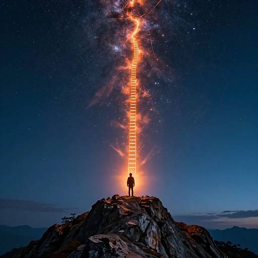 Photograph-like digital art of a silhouetted figure on a rocky peak, standing before a glowing, fiery staircase leading into a starry night