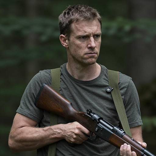 Serious Man with Rifle in Dark Forest