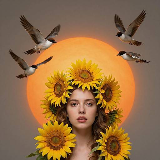 Photograph of a fair-skinned woman with sunflower crown, surrounded by four flying birds, against a glowing orange sun backdrop.