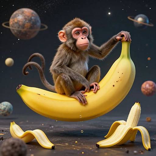 CGI image of a curious baby monkey sitting on a large yellow banana, with two peeled bananas below, set against a cosmic background with planets and stars