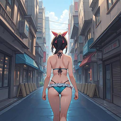 Giantess Ponytail in Frilly Bikini Ground View