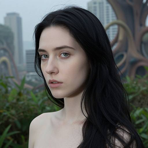 Photograph of a pale-skinned, young woman with long, black hair, green eyes, and bare shoulders, standing outdoors against a blurred cityscape
