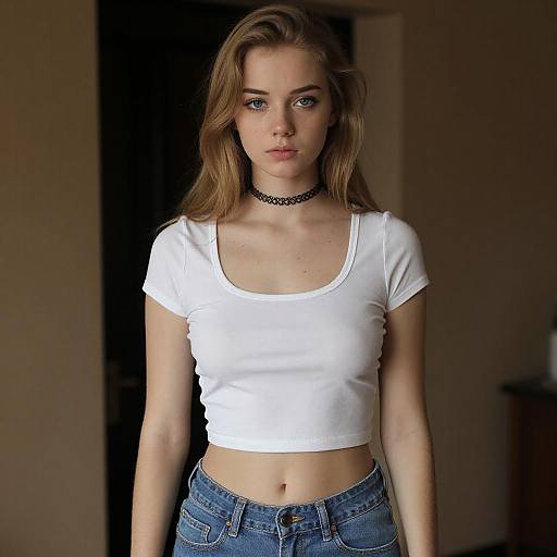 Photograph of a young woman with light brown hair, wearing a white cropped t-shirt, blue jeans, and a black choker, standing indoors with