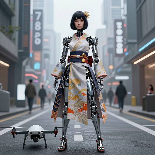 Digital artwork of a robotic geisha in a white kimono with floral patterns, standing on a neon-lit, futuristic city street. Drones and