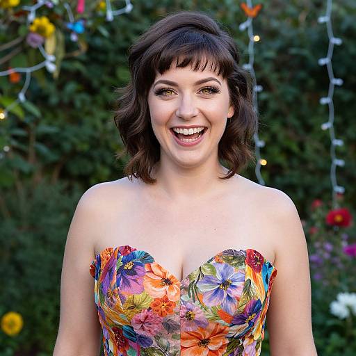 Photograph of a smiling woman with short dark brown hair, wearing a colorful floral strapless dress, standing outdoors against a blurred green garden background with string