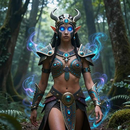 Digital artwork of a fierce, glowing-eyed elf woman with horns, blue magical flames, dark braided hair, and ornate, metallic armor in a