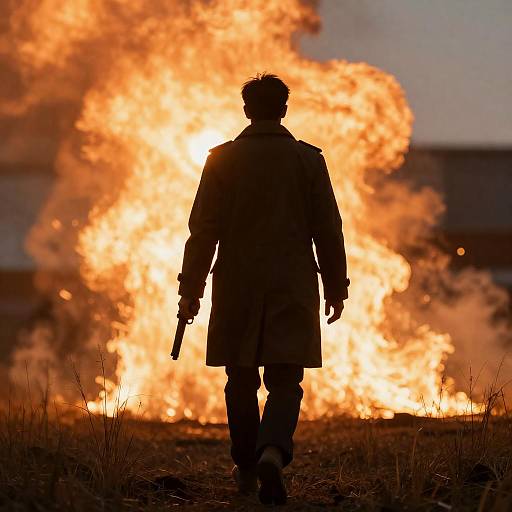 Mysterious Figure in Fiery Landscape