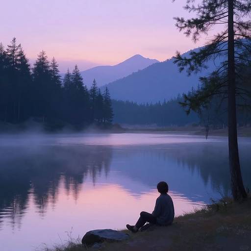 Photograph of a lone person sitting by a misty lake at dawn, surrounded by silhouetted trees and mountains, with a serene, pink