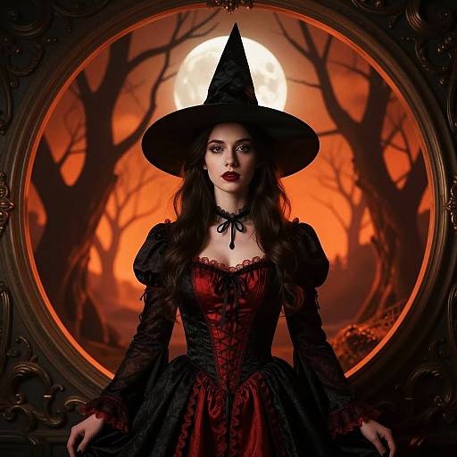 Woman in Witch Costume with Full Moon Background