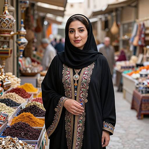 Photograph of a Middle Eastern woman in a black embroidered hijab and dress, standing in a bustling spice market, with colorful spices and blurred market patrons