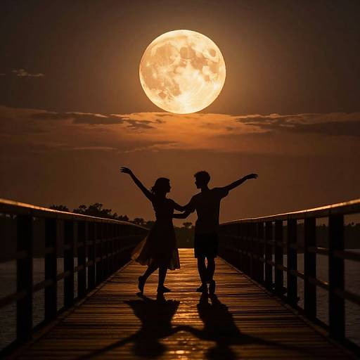 Silhouetted couple dancing on wooden bridge under a glowing full moon, arms raised, reflecting on water, dark orange sky, photograph.