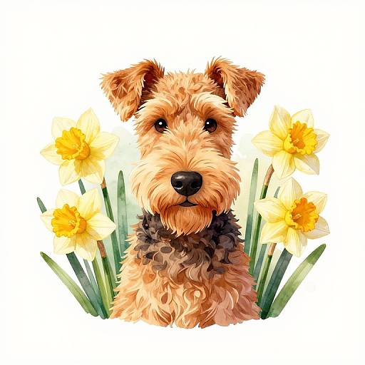 Digital illustration of a cute, tan, shaggy terrier dog with black muzzle, surrounded by bright yellow daffodils, centered on a