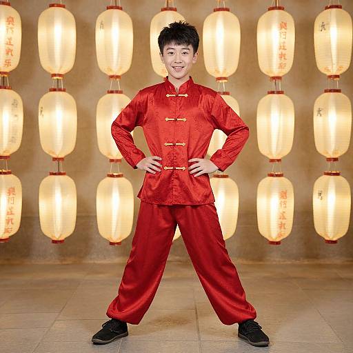 Photograph of an Asian man with short black hair, wearing a red satin traditional Chinese outfit, standing confidently with hands on hips, in front of a