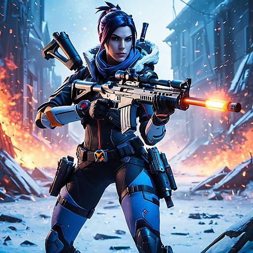 Futuristic Female Sniper in Fiery Battlefield