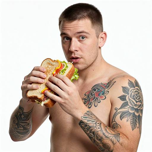 Photograph of a shirtless, tattooed man with short brown hair, holding a sandwich, looking surprised, white background, colorful tattoos on chest and