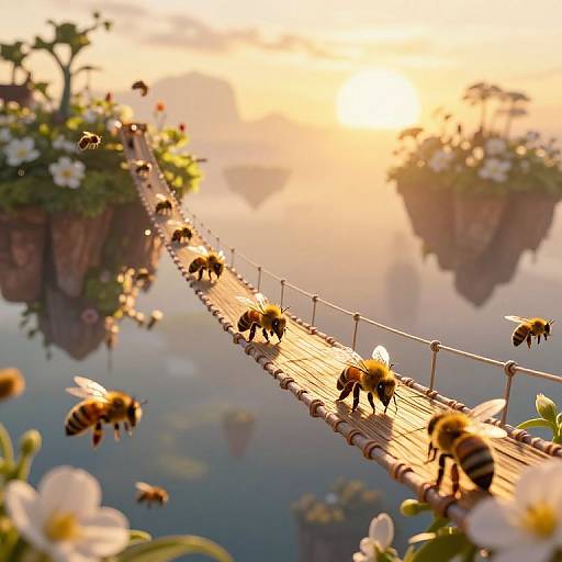Photorealistic digital artwork of a wooden suspension bridge with bees, floating islands, and blooming flowers at sunset, reflecting in calm water.