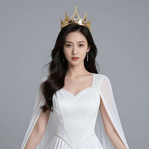 Photograph of an East Asian woman with long black hair, wearing a gold crown, white dress, and sheer cape, against a gray background.