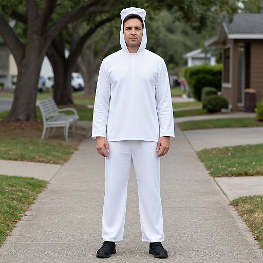 Photograph of a man in full white sailor costume with a hood, standing on a suburban sidewalk, trees and houses in background.
