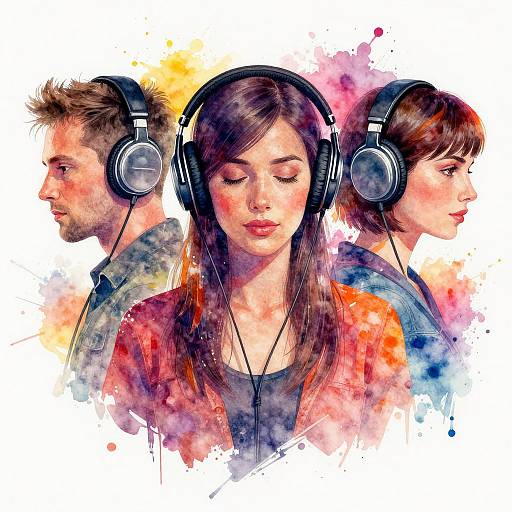 Watercolor illustration of three young adults with closed eyes, wearing headphones, set against a colorful splatter background; male left, female center, female right