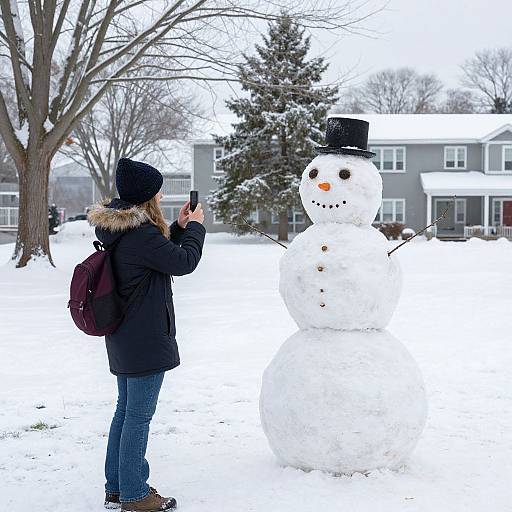 Photograph of a woman in winter clothes taking a photo of a snowman with a black top hat, standing in a snowy neighborhood.