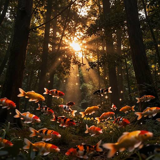 Amber Twilight Forest with Starlit Koi
