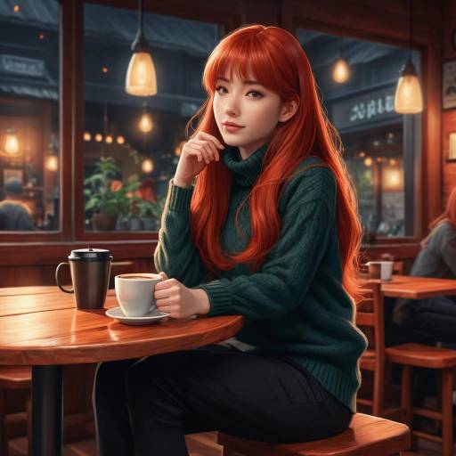 Redhead woman drinking coffee in cozy cafe