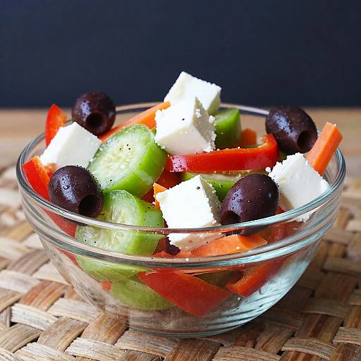 Photograph of a clear glass bowl filled with cubed feta cheese, sliced cucumbers, red bell peppers, black olives, and orange