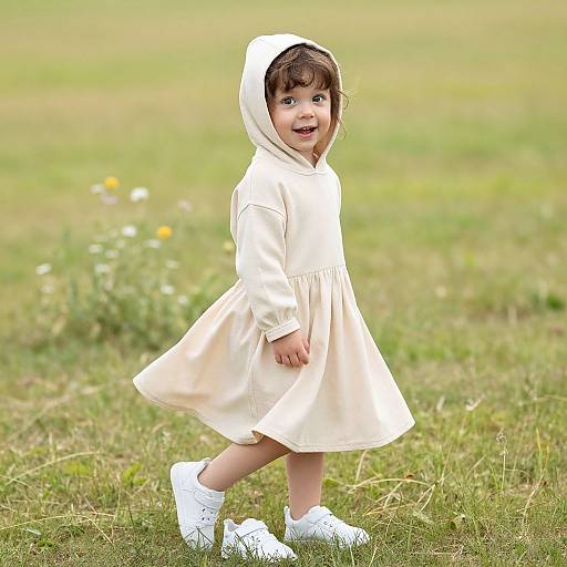 Photograph of a young girl with brown hair, wearing a white hooded dress and white sneakers, smiling on a grassy field.