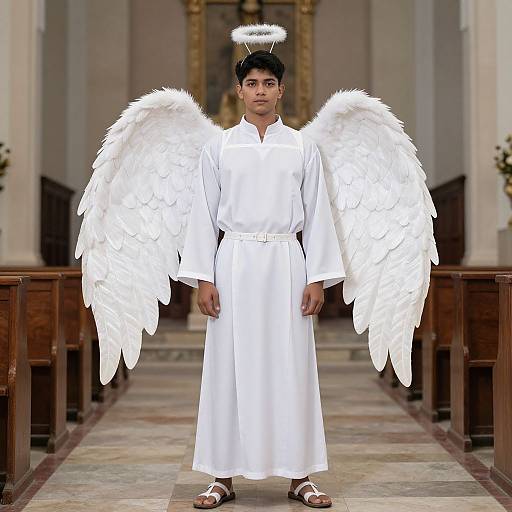 Photograph of a young man with dark hair, wearing a white angel costume with large white wings and halo, standing in a church aisle.