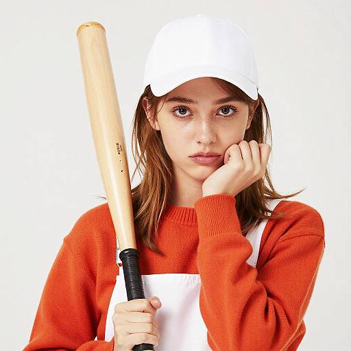 Young Woman with Baseball Bat and White Cap