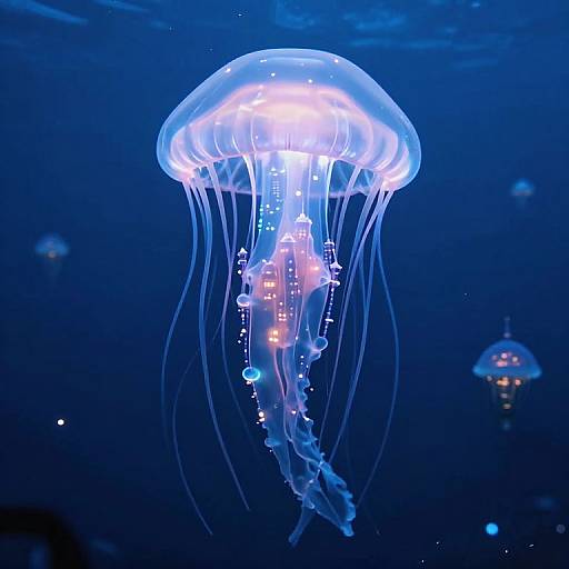 Photograph of a glowing blue jellyfish with translucent, tentacle-like appendages, illuminated from within, floating in a dark, underwater blue environment.
