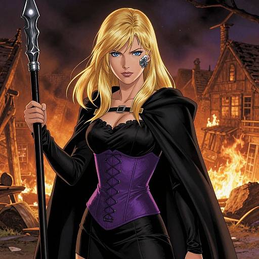Digital illustration of a blonde, blue-eyed woman with large breasts, wearing a black cloak and purple corset, holding a staff, standing in a burning