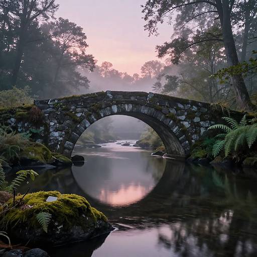 Photograph of a misty, stone-arched bridge over a calm, reflective river in a lush, forested landscape at sunrise.