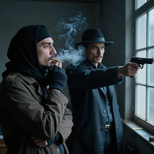 Two Men in Dimly Lit Room with Gun and Cigarette