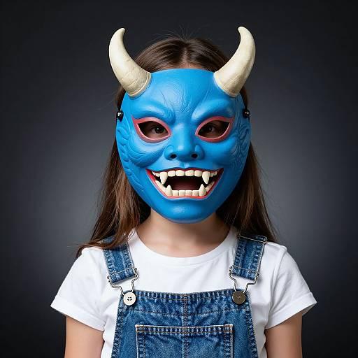 Photograph of a young girl with blue devil mask, white horns, sharp teeth, wearing denim overalls and white shirt, against black background.
