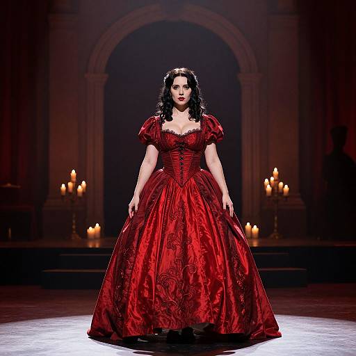 Photograph of a dark-haired model in a vibrant red, detailed, puffy-sleeved ball gown, walking on a dimly lit runway with