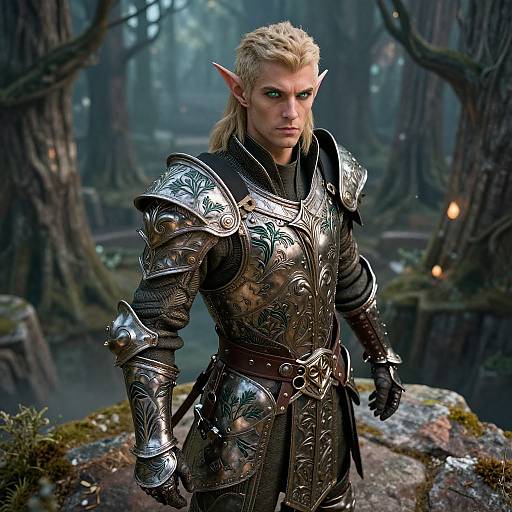Digital illustration of a blonde, elven warrior with pointed ears, wearing ornate, silver armor, standing in a mystical, forested landscape.