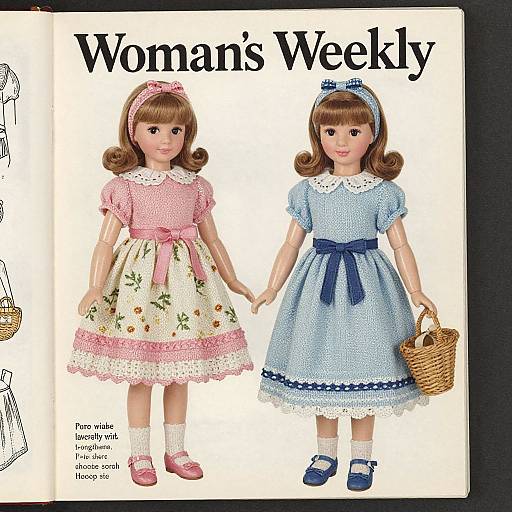 Photograph of two vintage porcelain dolls in matching outfits; one in pink with floral skirt, the other in blue with ribbon dress, both holding hands,