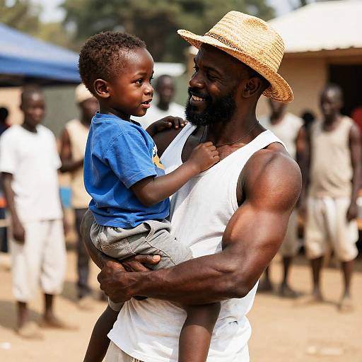 Muscular Man Holding Young Boy Outdoors
