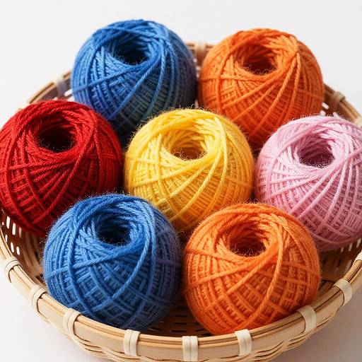 Photograph of eight colorful skeins of yarn in a wicker basket: blue, red, orange, yellow, pink, with white background.