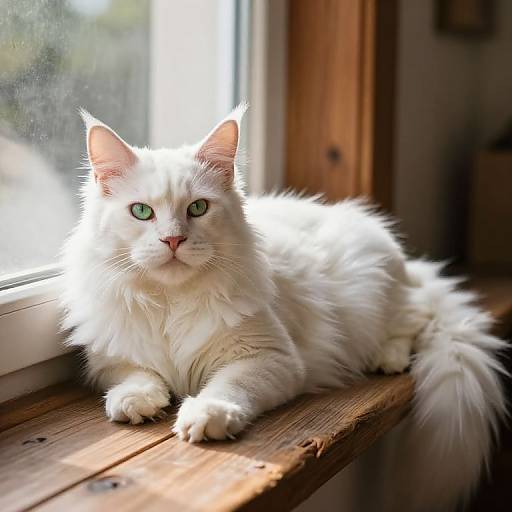 Photograph of a fluffy white cat with green eyes lying on a sunlit wooden windowsill, gazing outside with soft sunlight highlighting its fur.