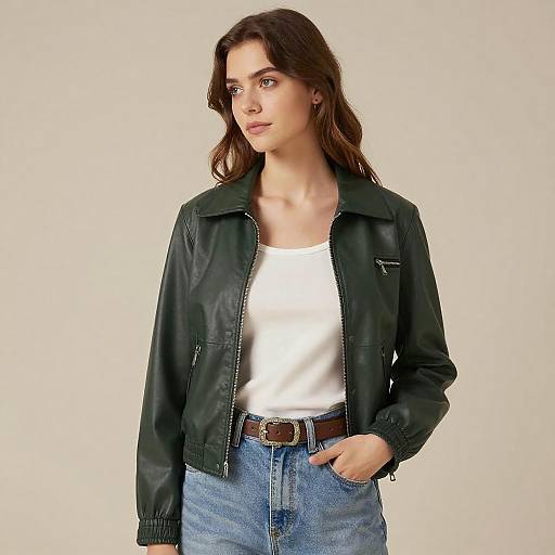 Young Woman in Dark Green Leather Jacket